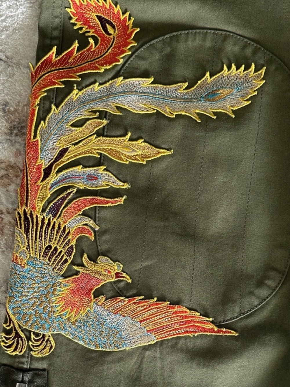 Sandro Olive Green Pants with Phoenix Embroidery Size 36